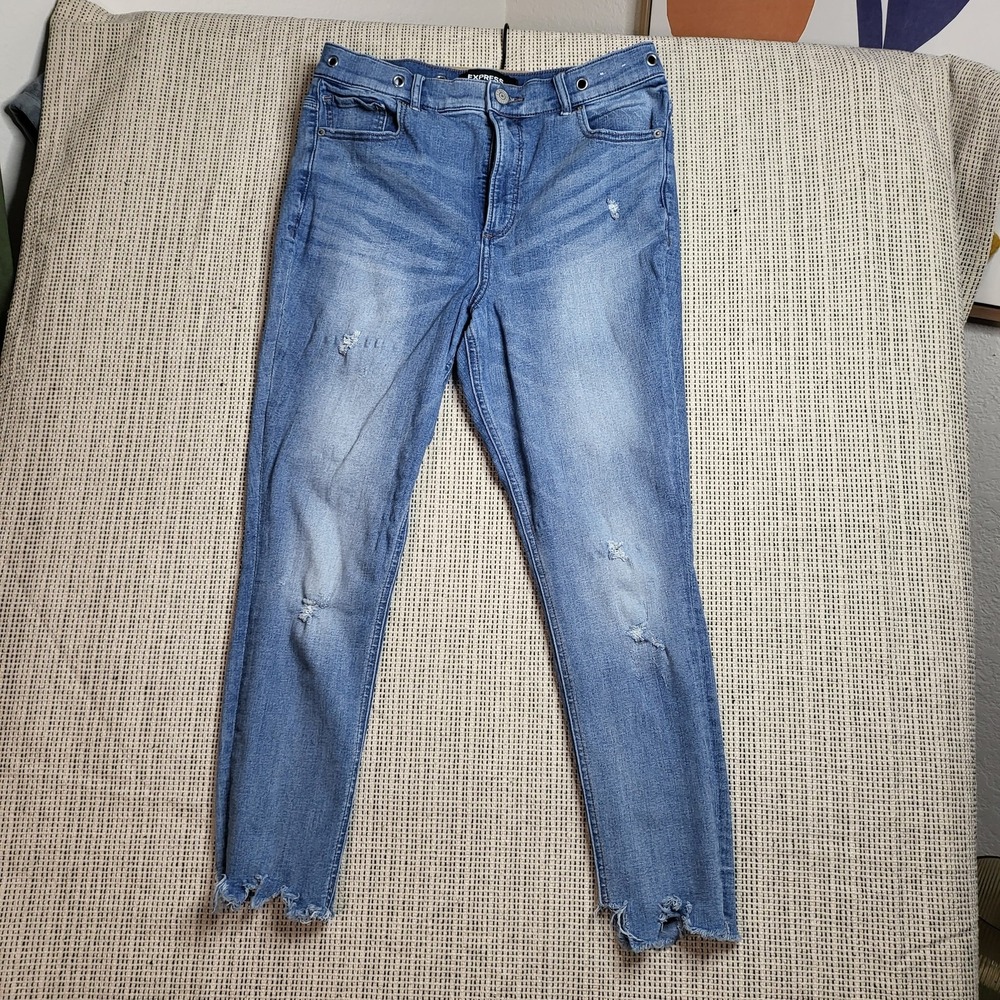 Express Jeans Womens 6 Blue Distressed Skinny Raw Hem High Rise Stretch Denim